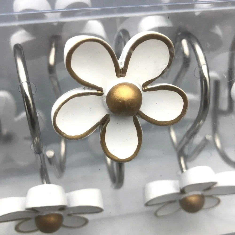 Simple Clever Homes Daisy Flower Shower Curtain Hooks Set of 12 White Gold Resin
